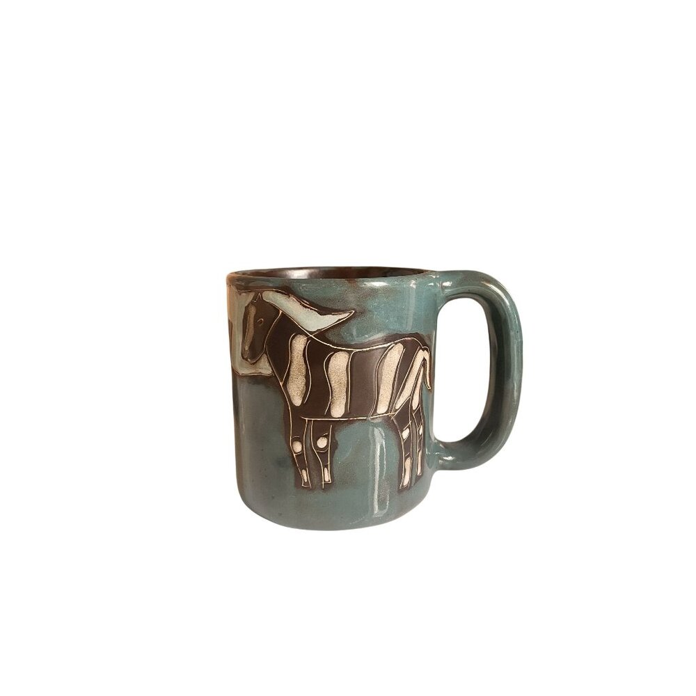 Handmade signed Mara Mexico Studio Art Pottery Mug Zebra Horse Green Blue Black